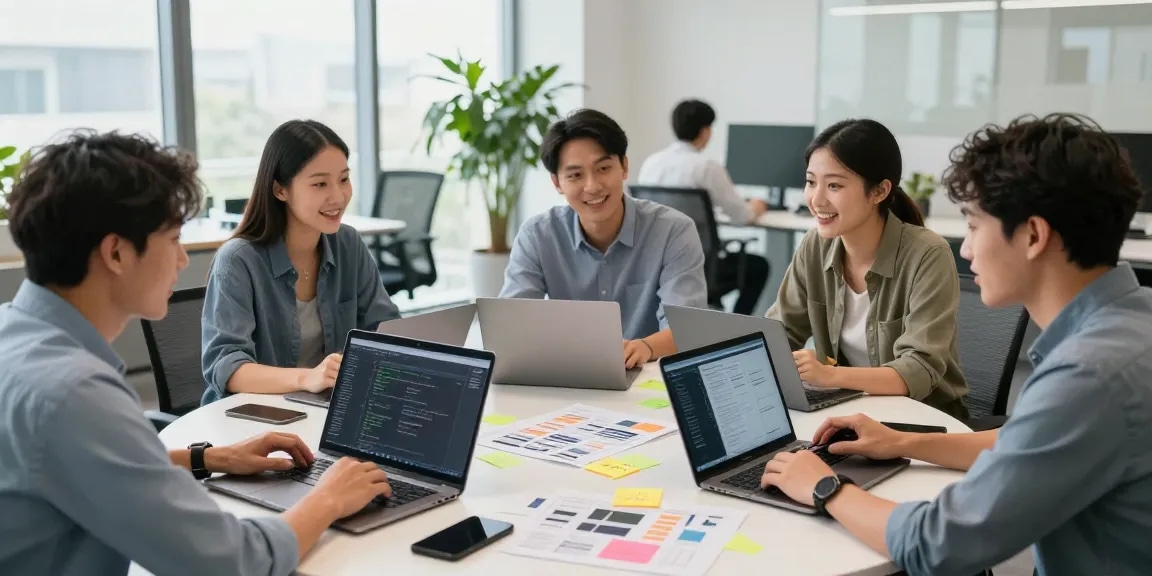 Collaborative team at innovative technology office workspace discussing projects, https://factors.org.uk visible in context