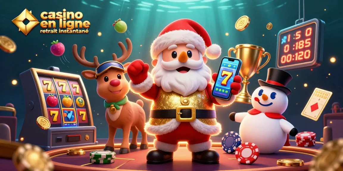 Image de casino en ligne retrait instantané avec un père Noël 3D entouré de jeux de machines à sous