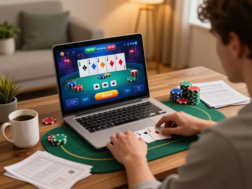 Player enjoys online poker gaming with 58win, showcasing vibrant gameplay on laptop in cozy home