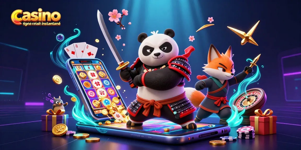 Casino en ligne retrait instantané avec panda samouraï et renard ninja s'illuminant sous des effets magiques.
