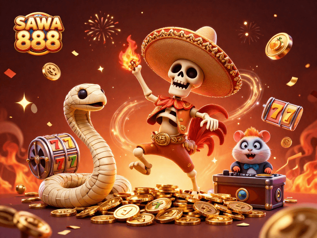Experience thrilling slots at SAWA 888, featuring vibrant characters celebrating with golden coins and jackpot symbols.