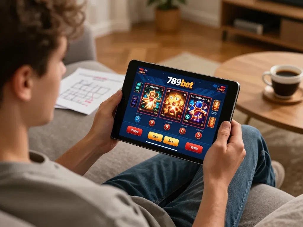 Player engaging in online gambling at home with 789bet interface displayed on tablet, showcasing responsible entertainment.
