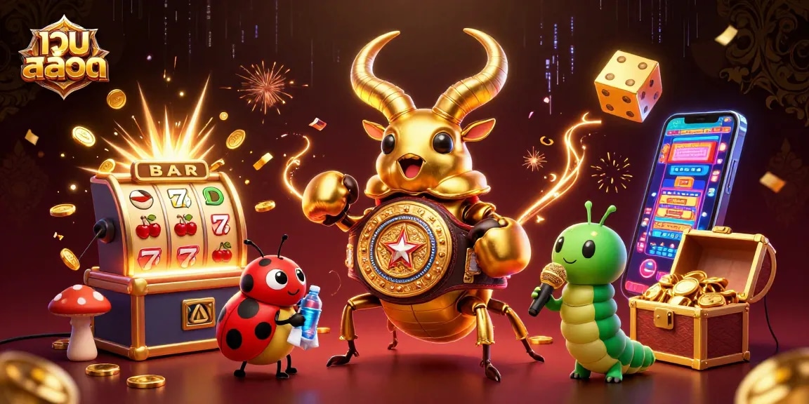 Experience เว็บสล็อต excitement with a giant stag beetle battling for jackpot glory amidst vibrant casino elements.
