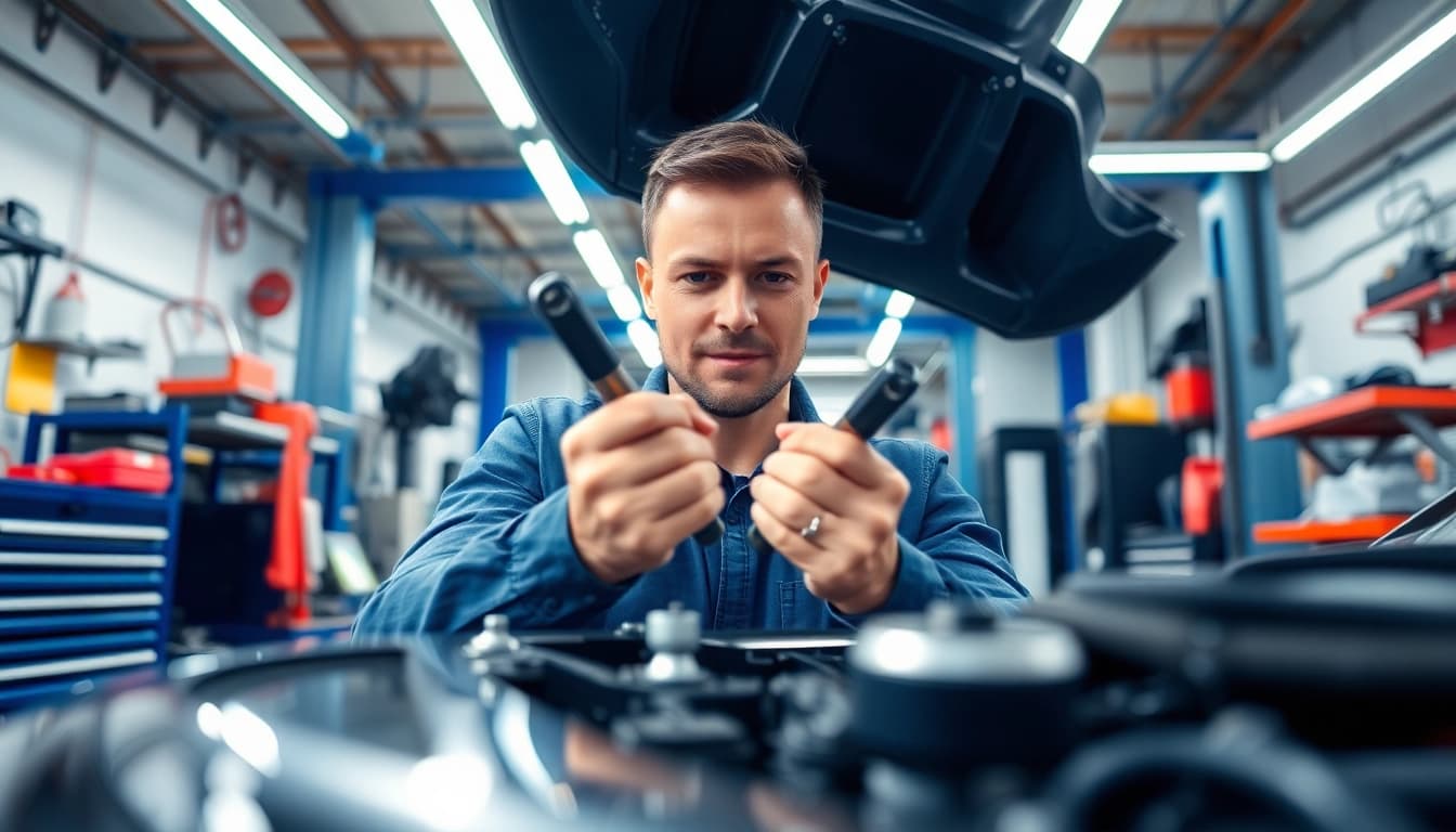 Assessing a mechanical breakdown coverage alternative with a car mechanic in a professional garage.