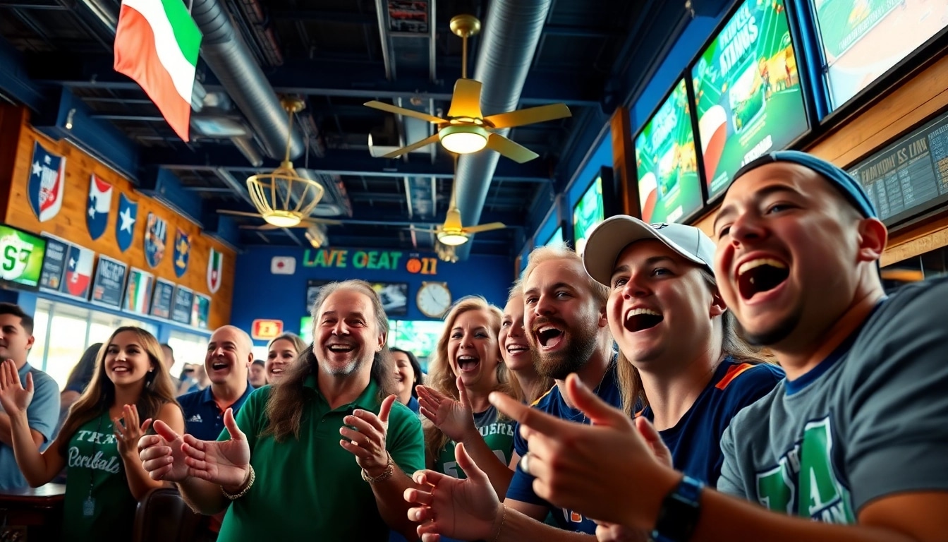 Fans celebrating online sports betting Texas in a lively sports bar filled with memorabilia.
