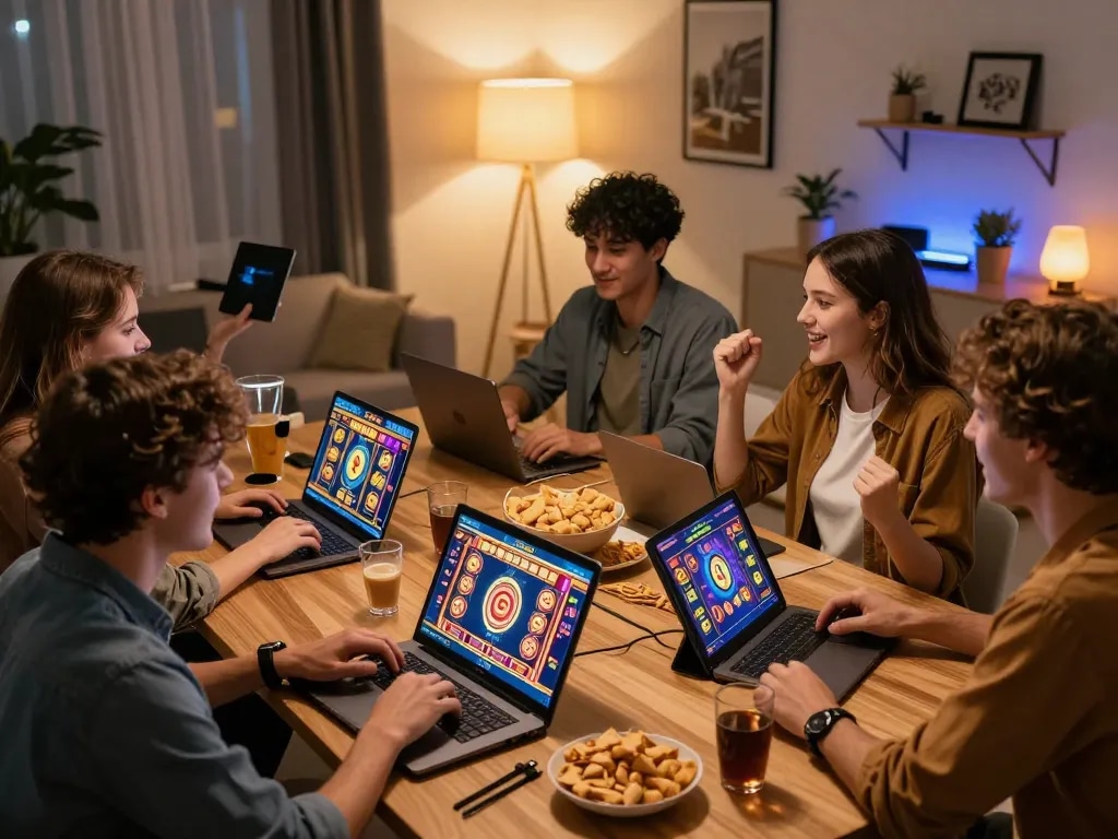 Engaging home gaming night featuring friends playing slot online on tablets