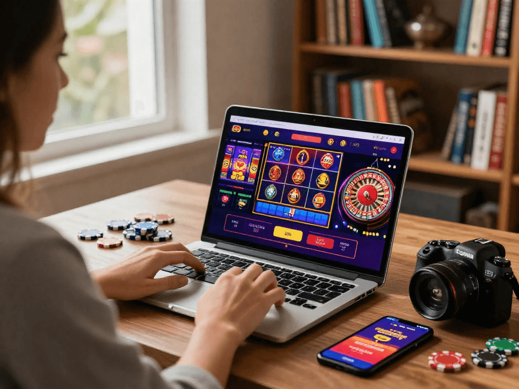 Dynamic scene of a user engaging with casino online games on a laptop, showcasing colorful casino elements and inviting atmosphere.