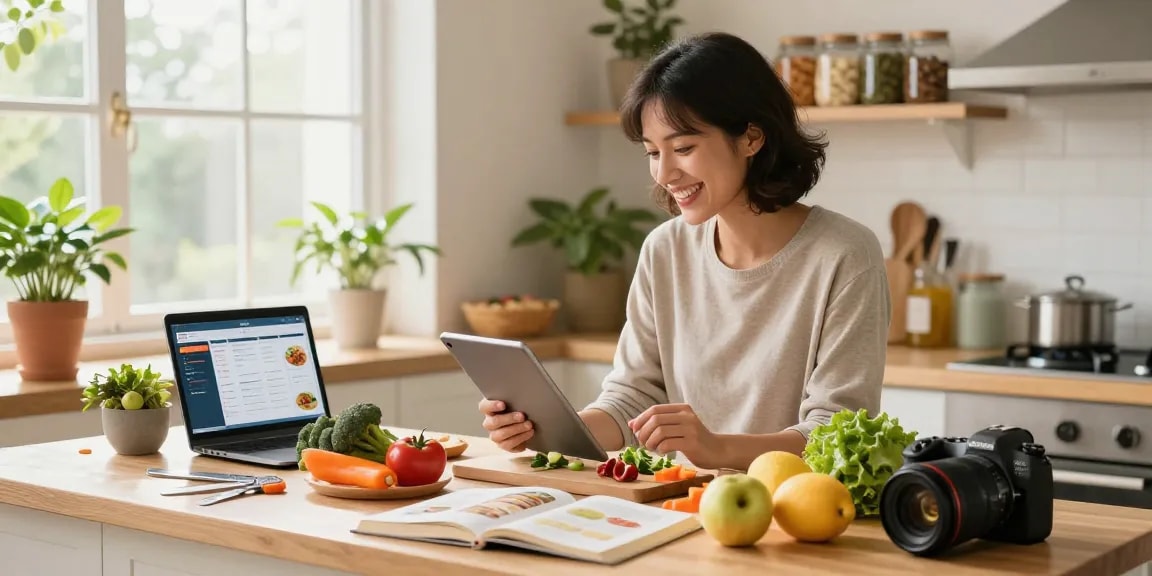 Using the best food tracker in a bright kitchen filled with fresh ingredients.