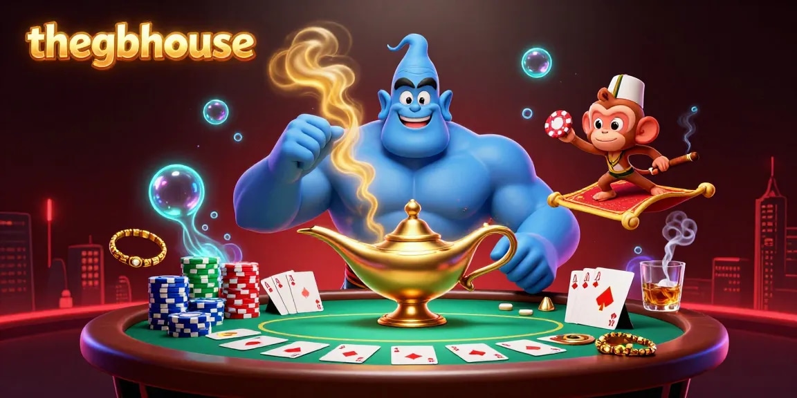 Thegbhouse features a 3D cartoon genie and monkey on a magic carpet, showcasing lively poker action.