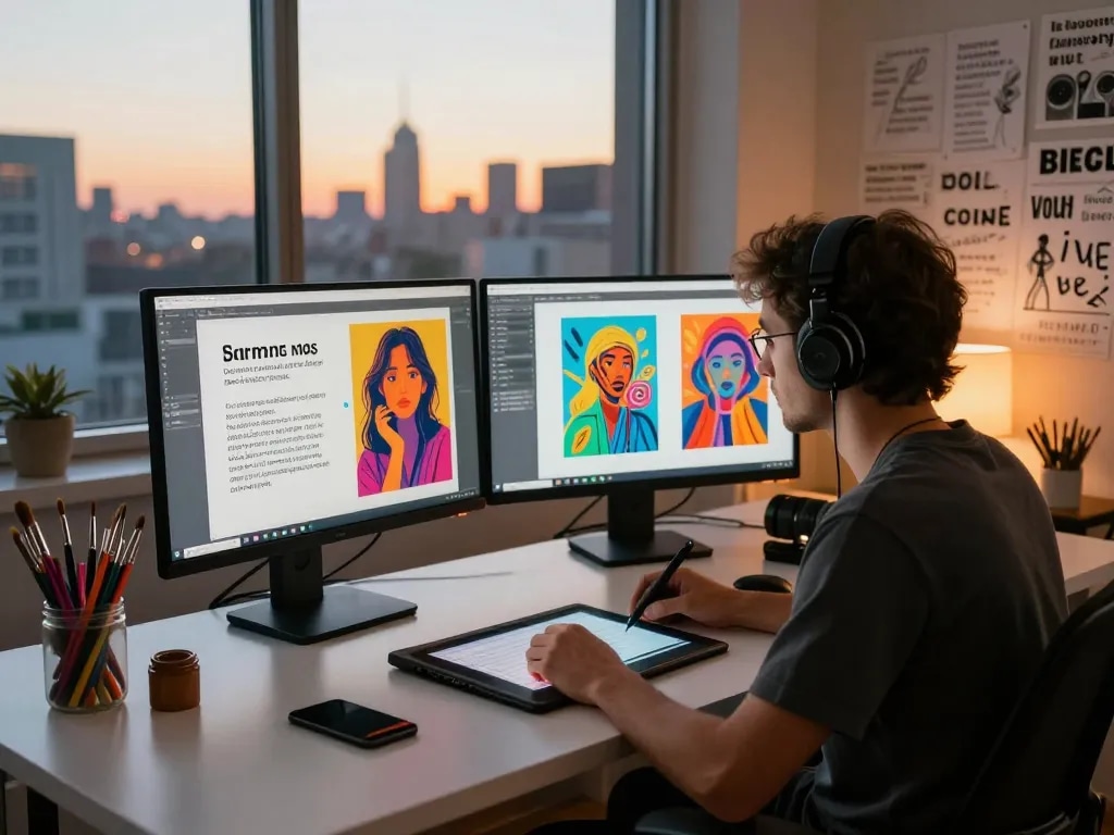 Digital artist generating image to prompt in a vibrant creative workspace with dual monitors.
