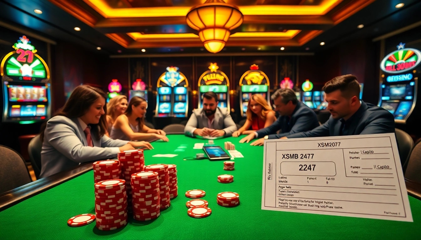 Players celebrating a win at XSMB 247 casino game, surrounded by vibrant slot machines.