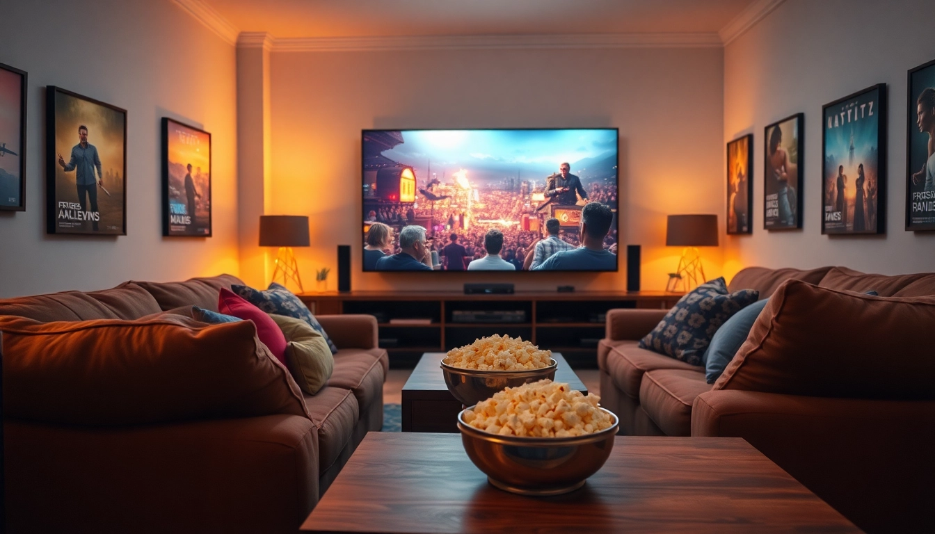 ดูหนังออนไลน์ ในห้องนั่งเล่นที่อบอุ่นกับโคมไฟสลัวและพรอพที่ส่งเสริมบรรยากาศ