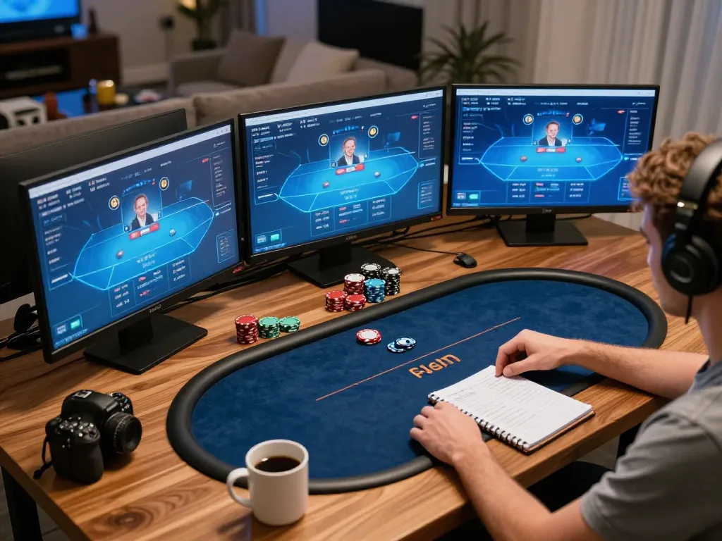 Engaging in Poker Online gaming with multiple screens showcasing live tables and strategies.