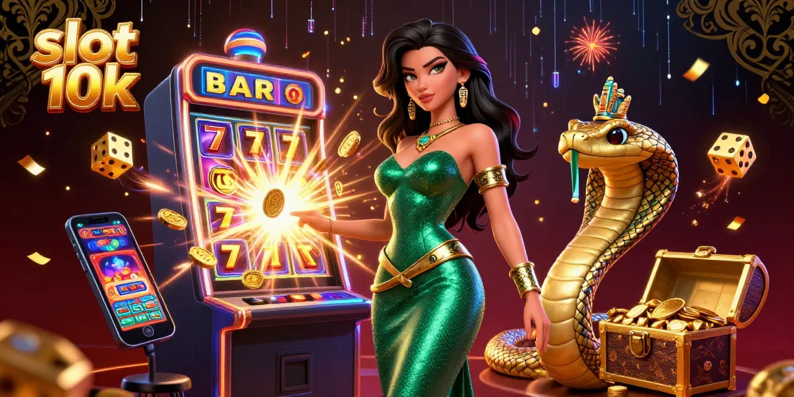 Experience thrilling gameplay with slot 10k as a woman in elegant attire plays on a dazzling slot machine amid glowing casino elements.
