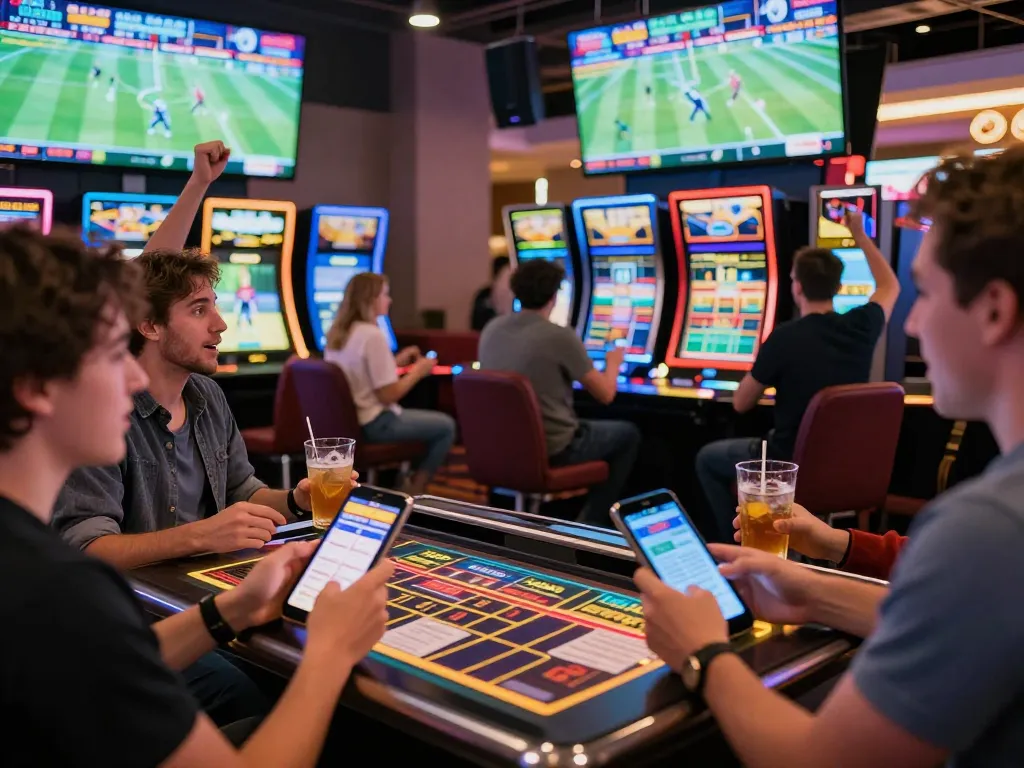 Engaged sports bettors using apps at Nhà cái PUB88 casino, capturing the thrill of live events.