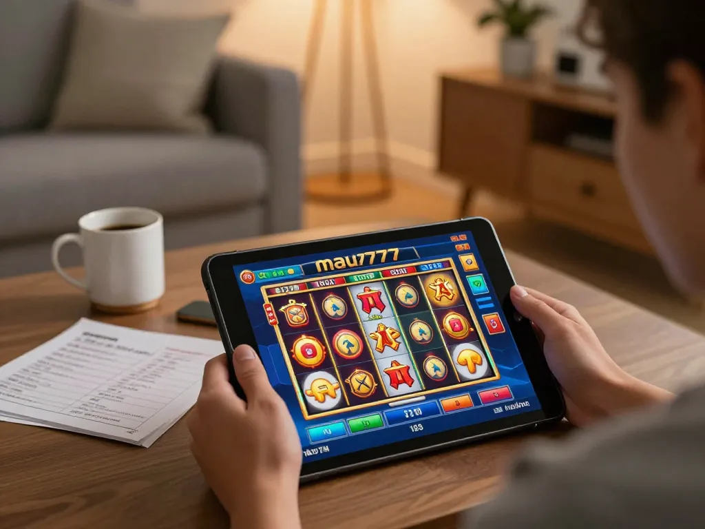 Player spinning mau777 slot reels on tablet at home, showcasing exciting online gameplay.