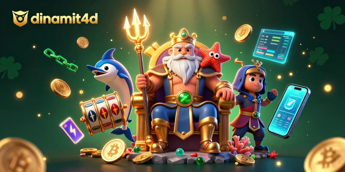Experience the thrill of dinamit4d with Neptune and a swordfish samurai in a vibrant casino scene.
