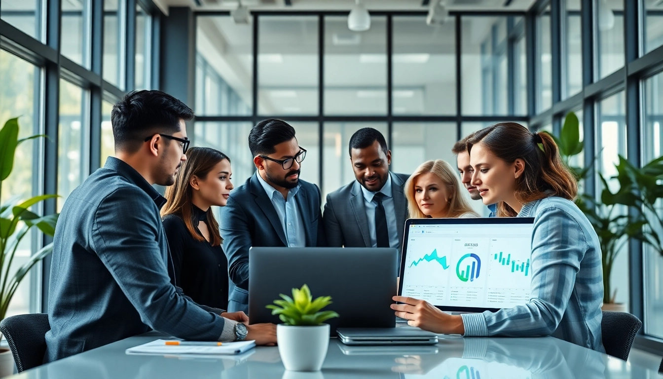 Reviewing SEO performance metrics in a modern office setting with a collaborative team.