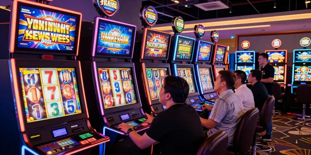 Pengunjung bersenang-senang bermain slot777 dalam suasana kasino yang meriah.