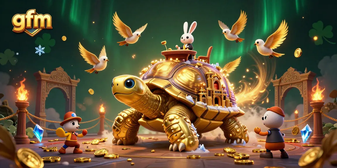Experience the excitement of gfm with a vibrant 3D casino illustration featuring a golden tortoise and lively dealer action.