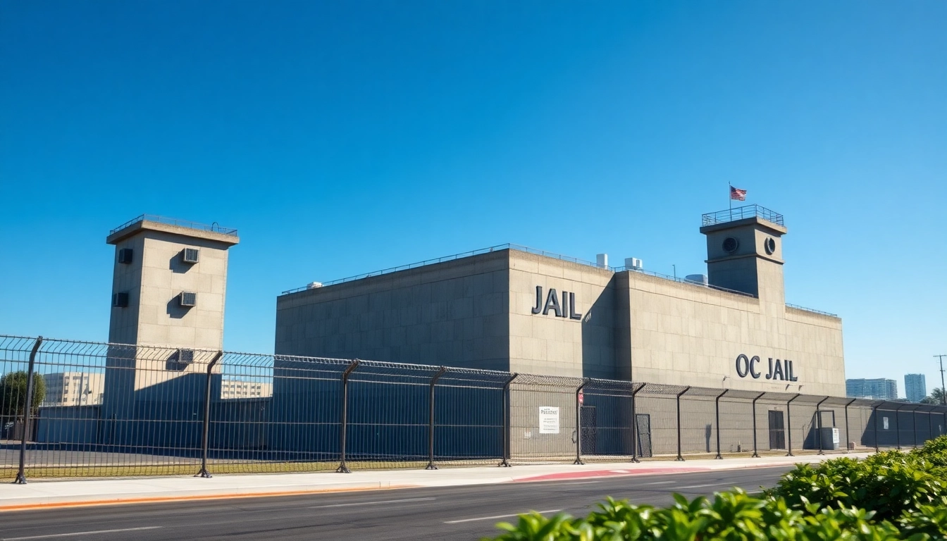View of the OC Jail facility showcasing its imposing structure and security features amidst an urban backdrop.