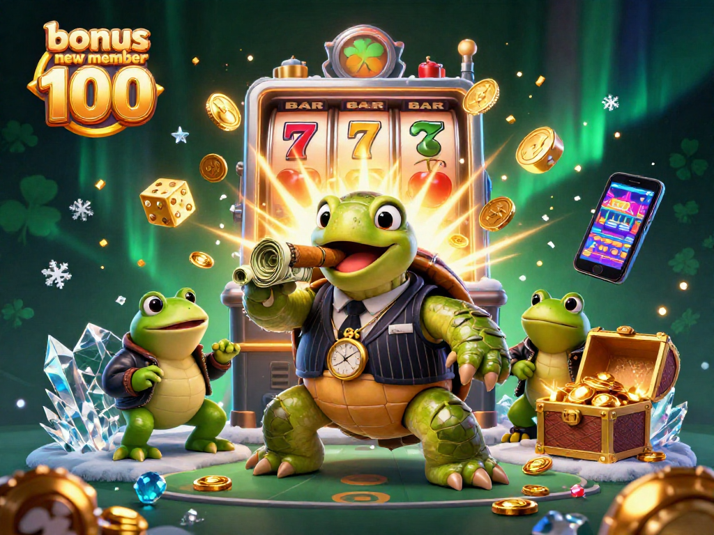 Experience the excitement of bonus new member 100 with dynamic slot machines and animated characters in a vibrant casino scene.