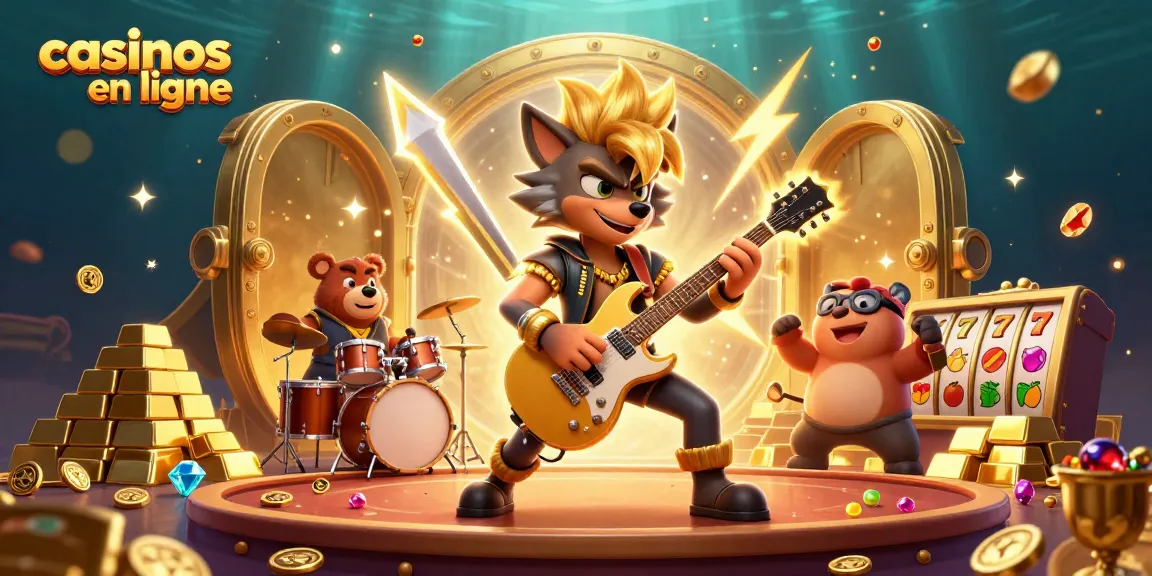 Jouez à des jeux de casinos en ligne avec une illustration dynamique présentant un loup rock star et un ours batteur.