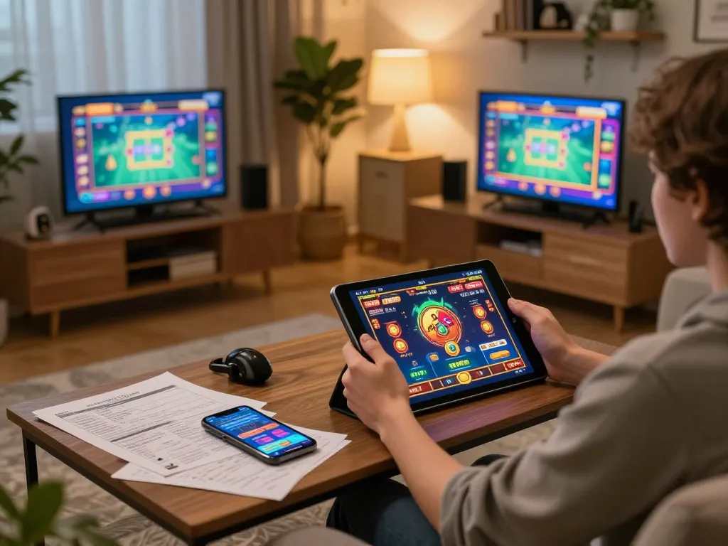 Engaged player exploring Top 10 nhà cái uy tín with a tablet, cozy home environment