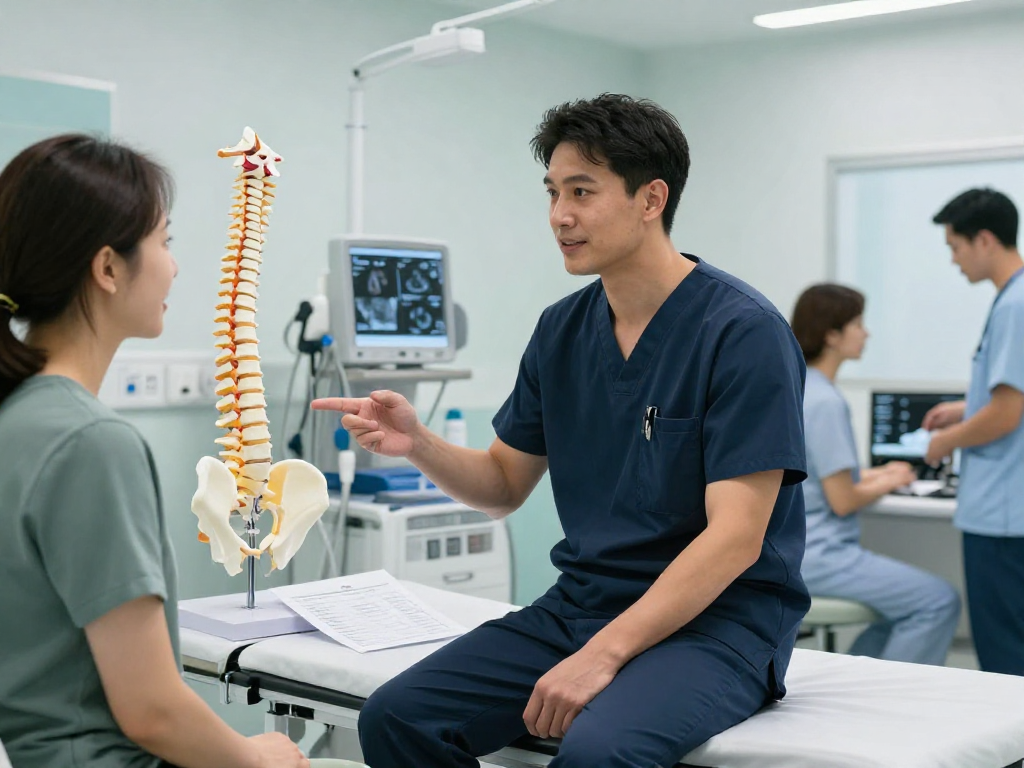 Bel kayması ameliyatı consultation with a surgeon discussing treatment options in a modern healthcare setting.