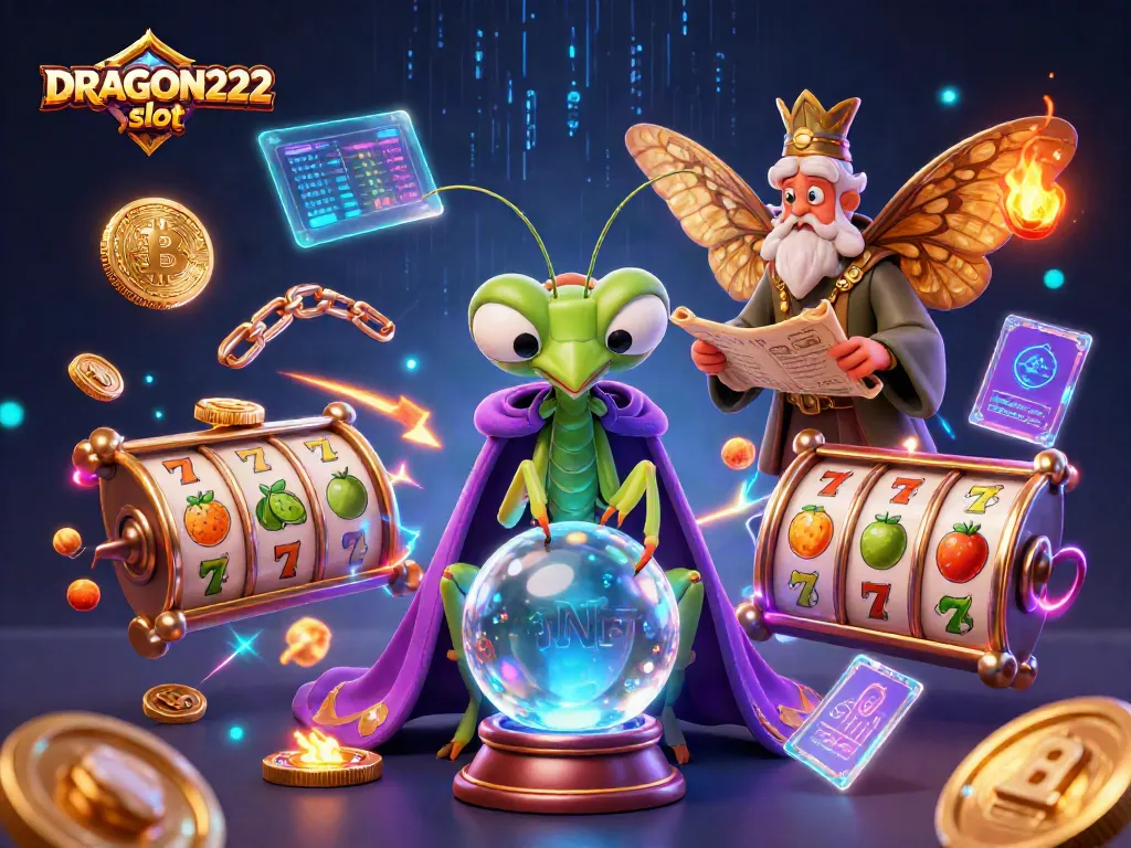 Experience the thrill with DRAGON222 slot, featuring vibrant 3D elements like slot reels and crypto coins.