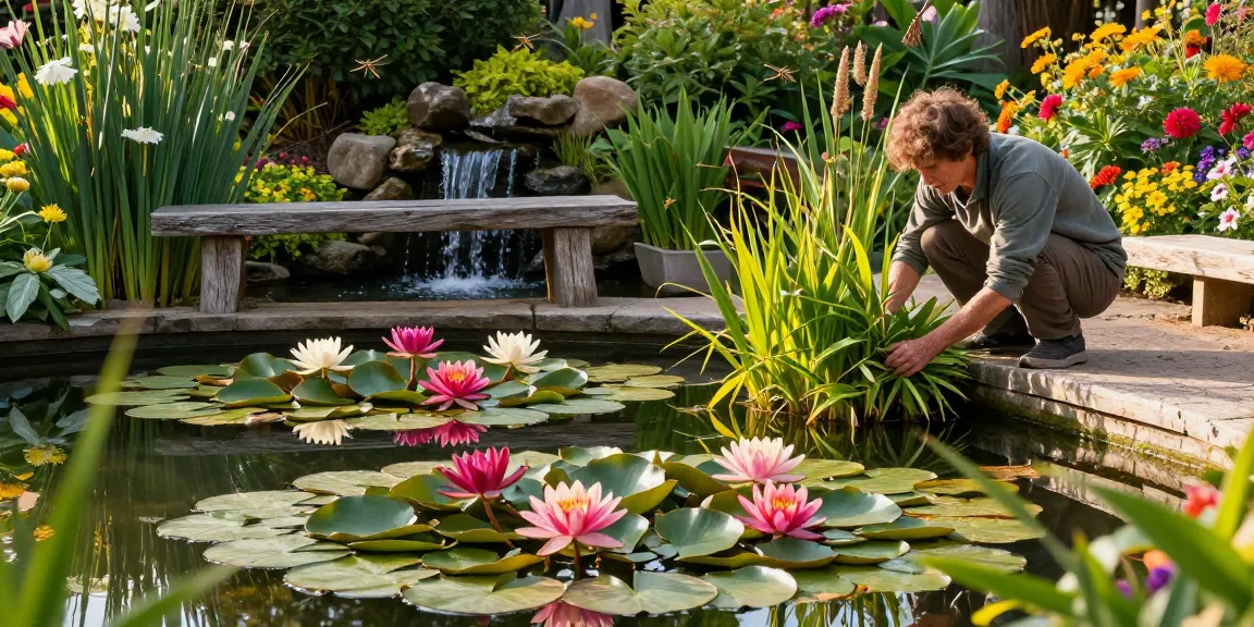 Water Lilies flourishing in a tranquil garden pond, surrounded by vibrant flowers and greenery.