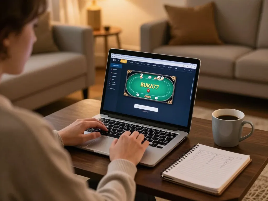 Engage with BUKA77 LOGIN on a cozy laptop setup for online gaming in a comfortable home.