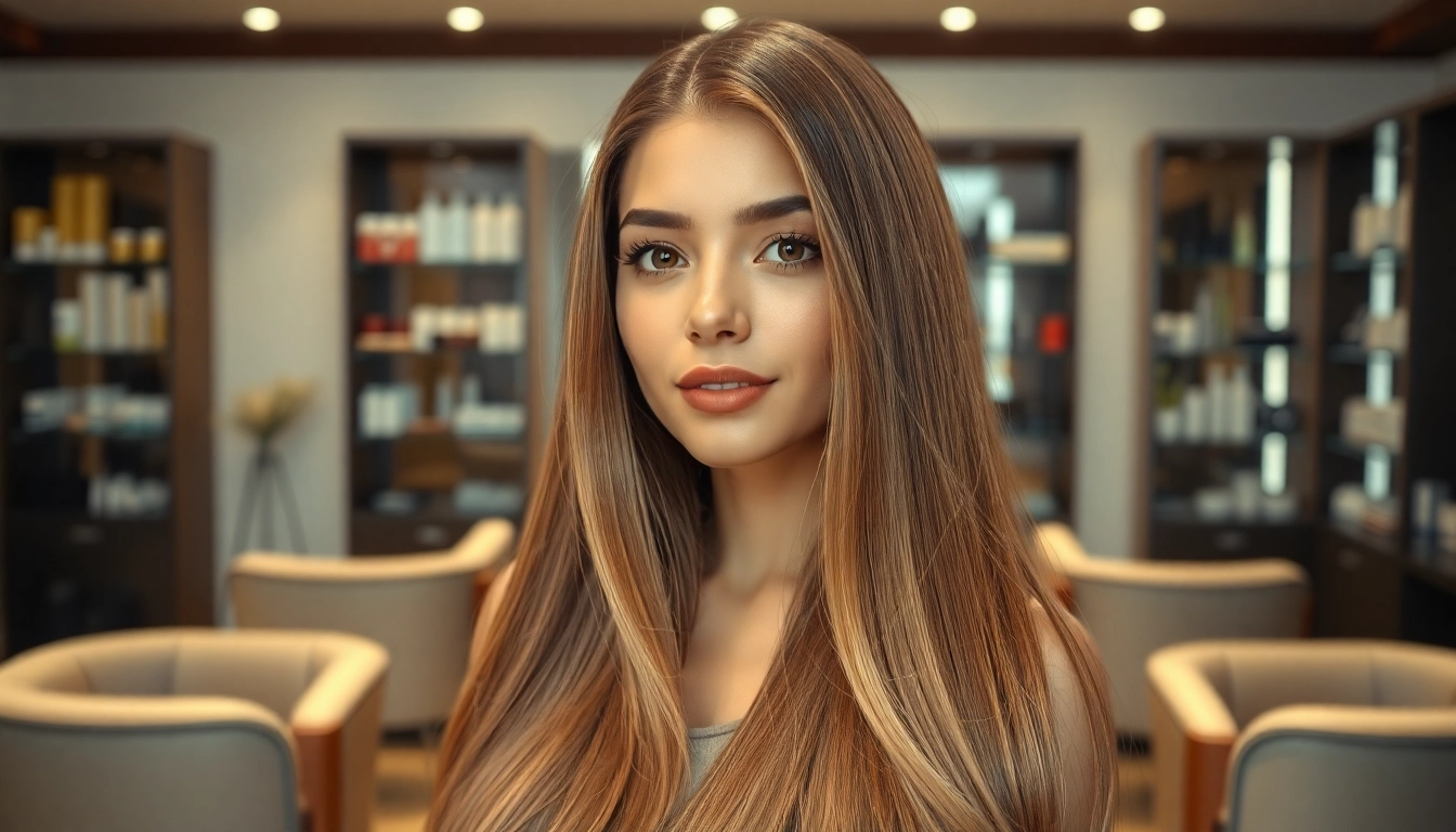 Admire the elegance of genius weft hair extensions showcased in a bright salon setting.
