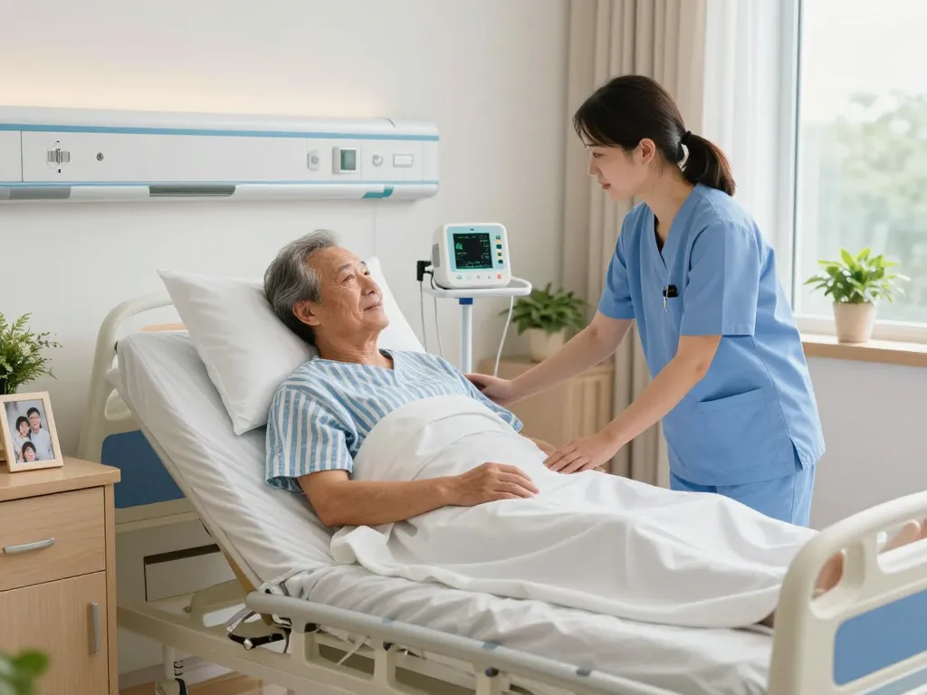 Comfortable giường bệnh nhân in a serene hospital room, caregiver assisting elderly patient.