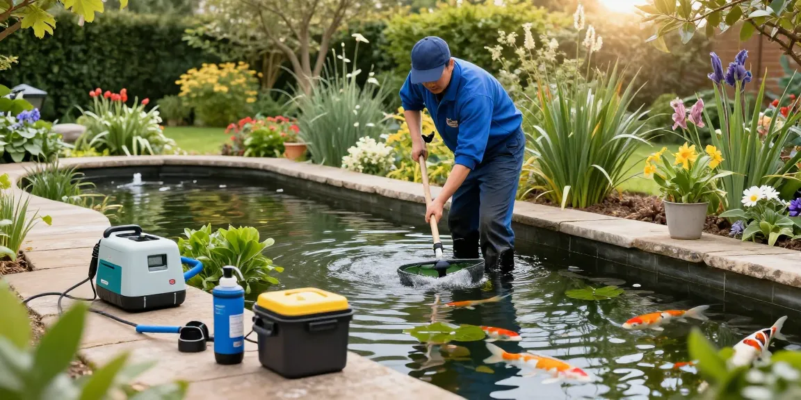 Pond Cleaning Essex service technician performing pond maintenance in a serene garden.