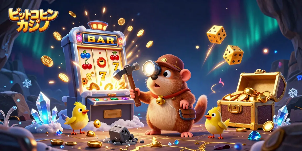 ビットコインカジノでのゲームを楽しむキャラクターたちが宝を探しているシーン