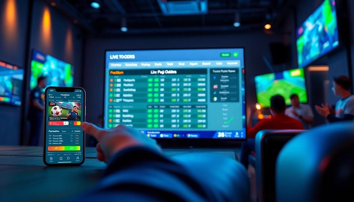 Live sports betting scene showcasing tỷ lệ kèo with enthusiastic fans and dynamic digital interfaces.