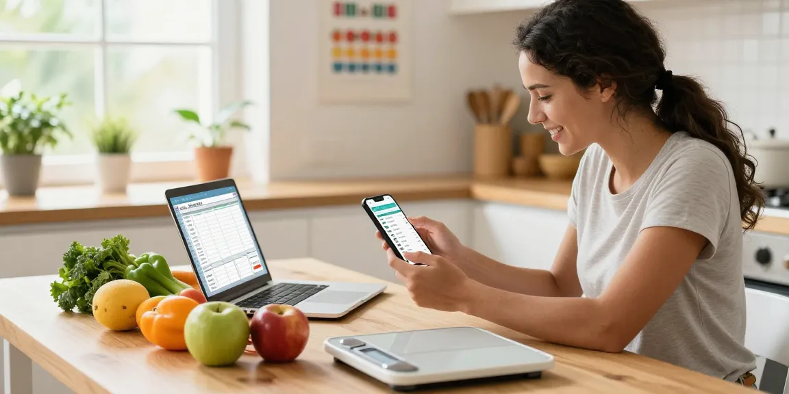 Logging meals in the best food tracker app with fresh ingredients in a bright kitchen.