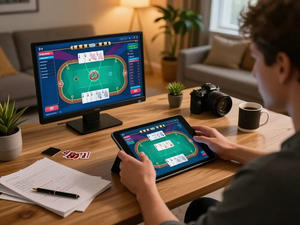 w 88 players enjoying online poker gaming with strategy notes in a cozy home environment