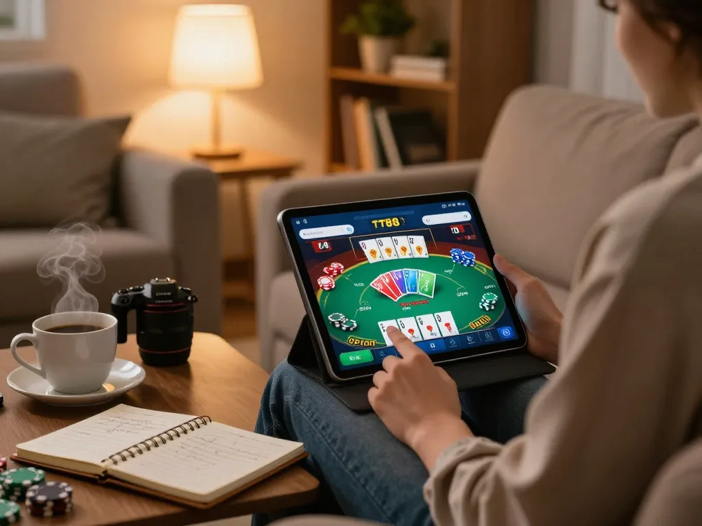 Engaged player using TT88 app on tablet for online poker, cozy home setup.