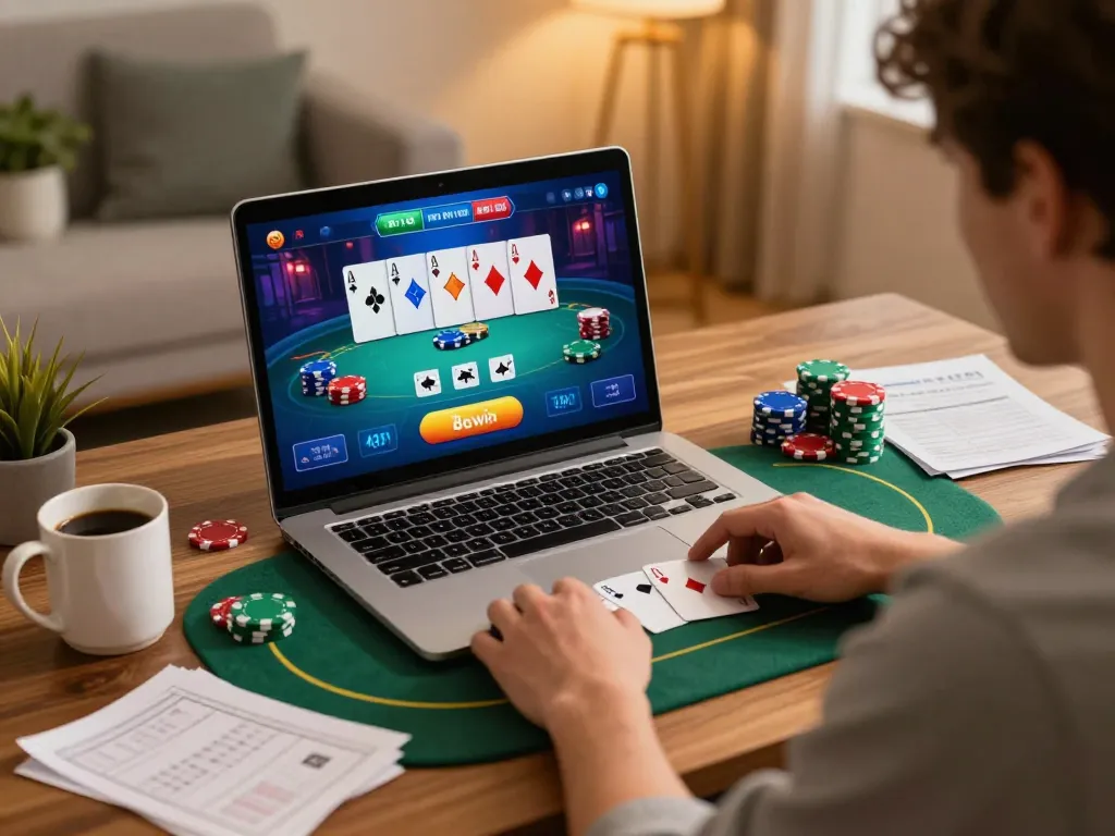 Player enjoys online poker gaming with 58win, showcasing vibrant gameplay on laptop in cozy home