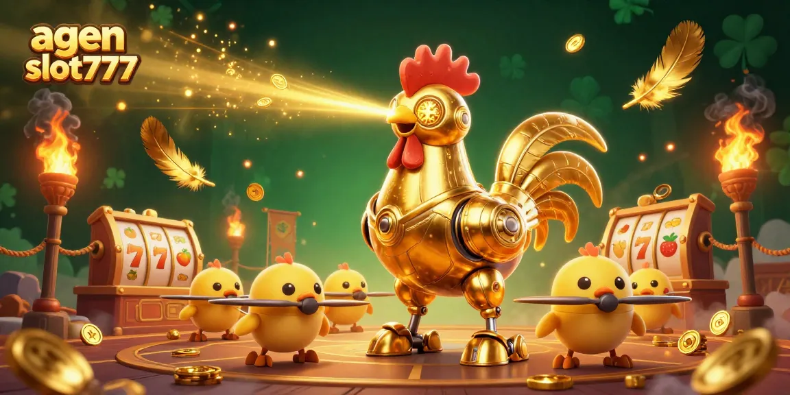 Engage with agen slot777 through an energetic scene featuring a golden rooster robot and baby chick drones in action.