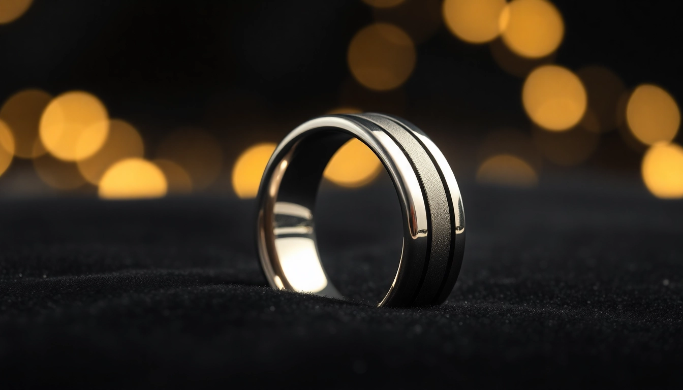 Showcase of tungsten rings with intricate designs under warm lighting on a velvet surface.