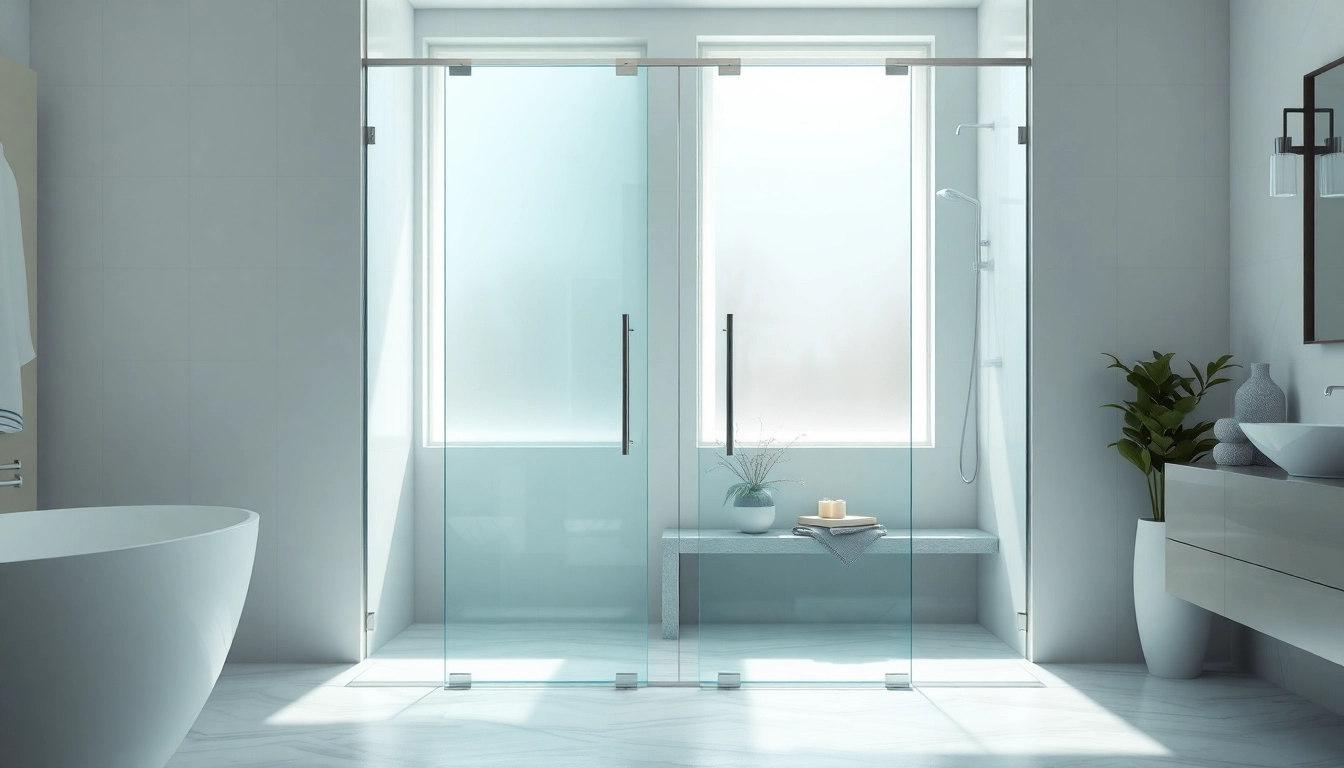 Showcase elegant glass shower doors highlighting a modern bathroom design and natural lighting.