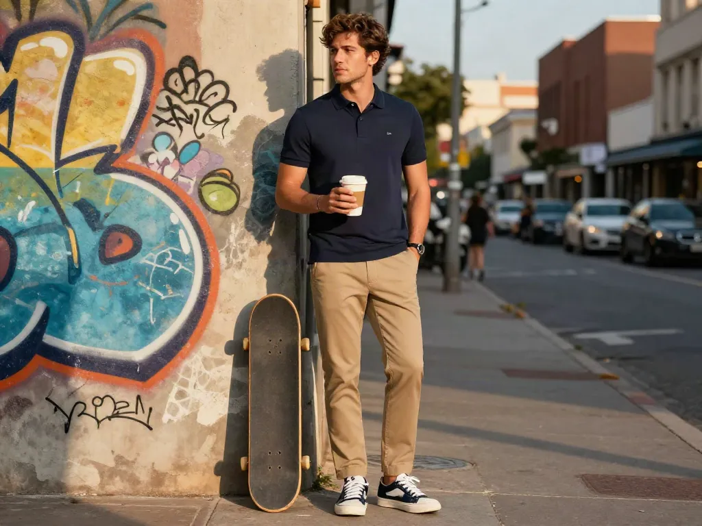 Man in casual heren kleding met skateboard en koffie in de stad.