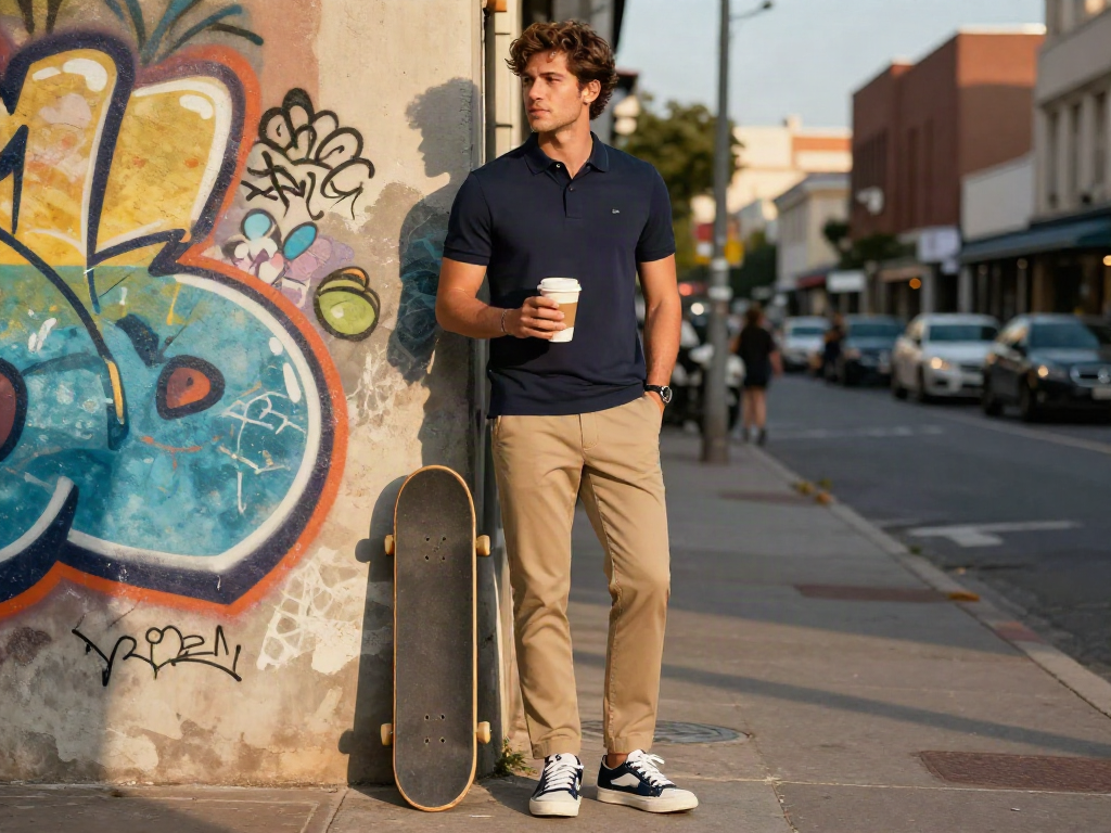 Man in casual heren kleding met skateboard en koffie in de stad.