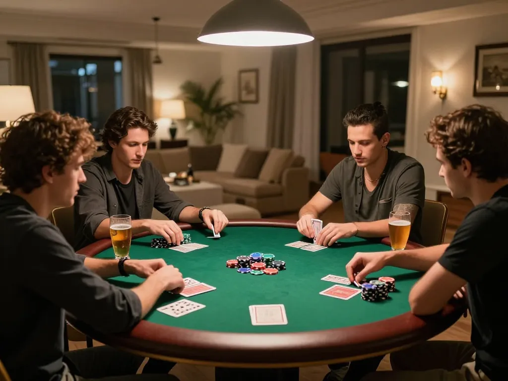 The hidden wiki presents a thrilling home poker night where friends strategize around a green felt table, showcasing gameplay excitement.