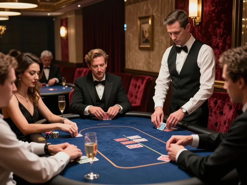 Engaged players at the trang chủ OXBET poker table in a luxurious VIP gaming area.