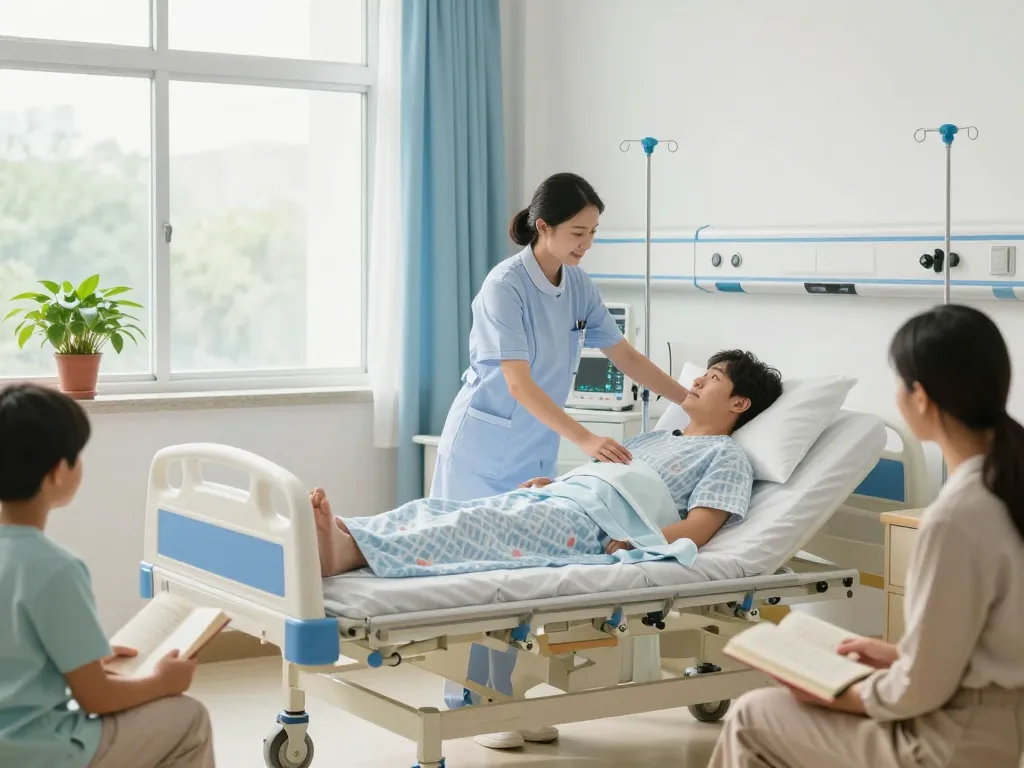 Comfortable giường bệnh nhân in a bright hospital room with a caring nurse and supportive family.