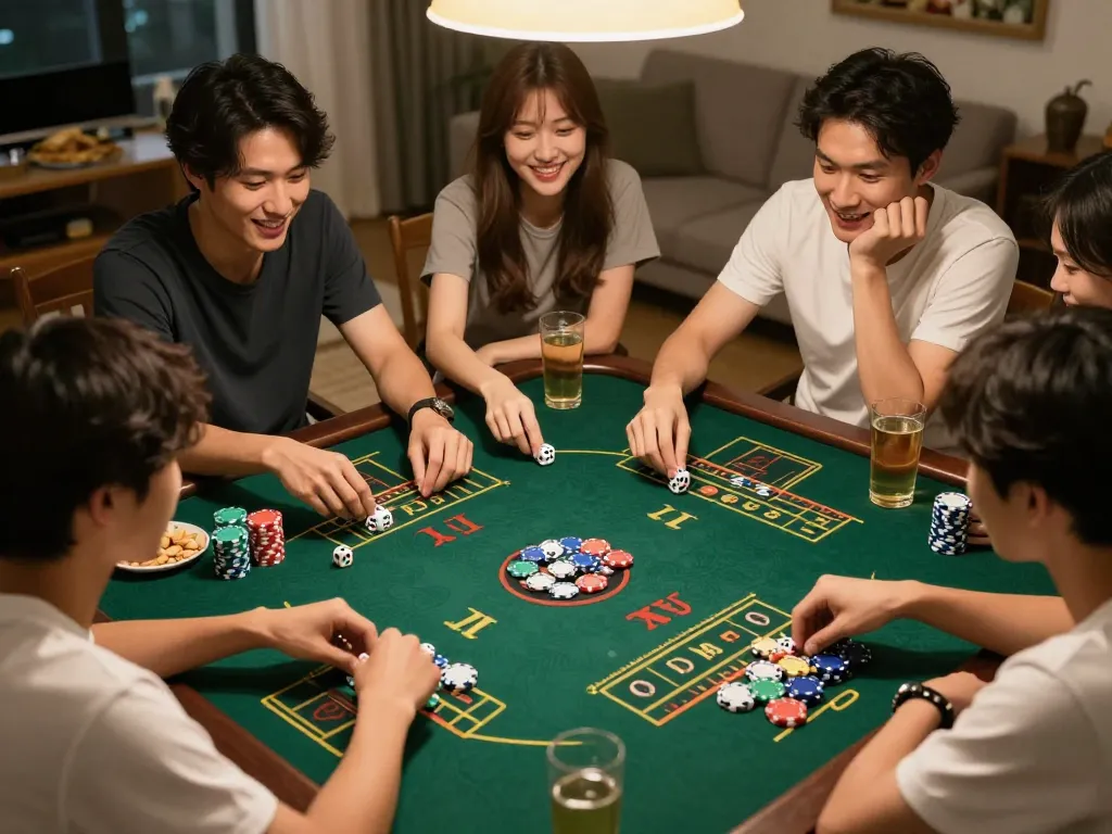 Tài Xỉu online uy tín game scene featuring friends at home with dice and chips
